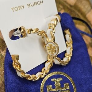Tory Burch Gold and White Marion Woven Hoop Earrings